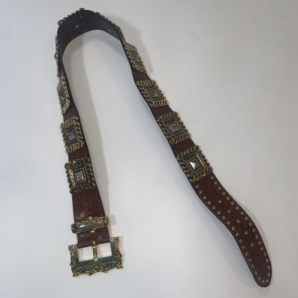 NANNI Italy Brown Leather Silver Gold Stud Belt Croc Boho Stud Size 85/34 - Picture 3 of 9